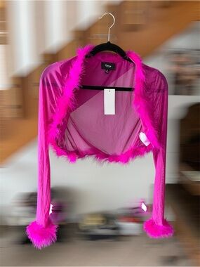 NWT Cherie Hot Pink Faux Fur Y2K Cropped Jacket Bolero - Size SMALL